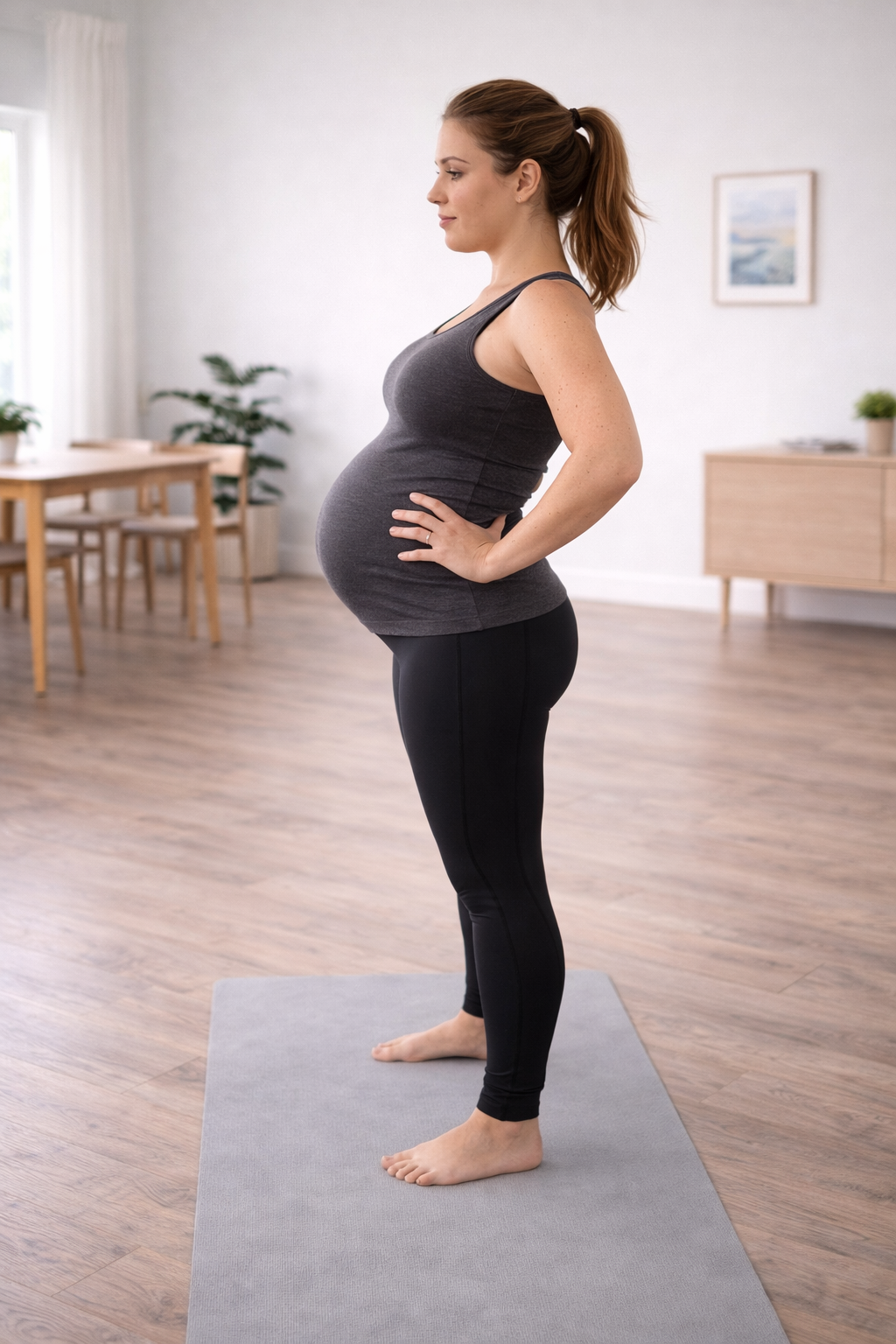 Gravid kvinne utfører stående bekkenvipper