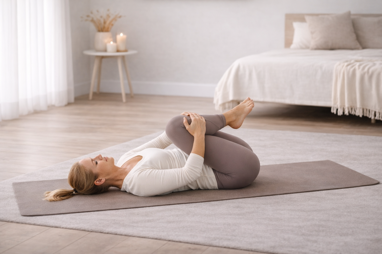 Kvinne utfører piriformis-stretch hjemme — tøyning for isjias og setemuskulatur