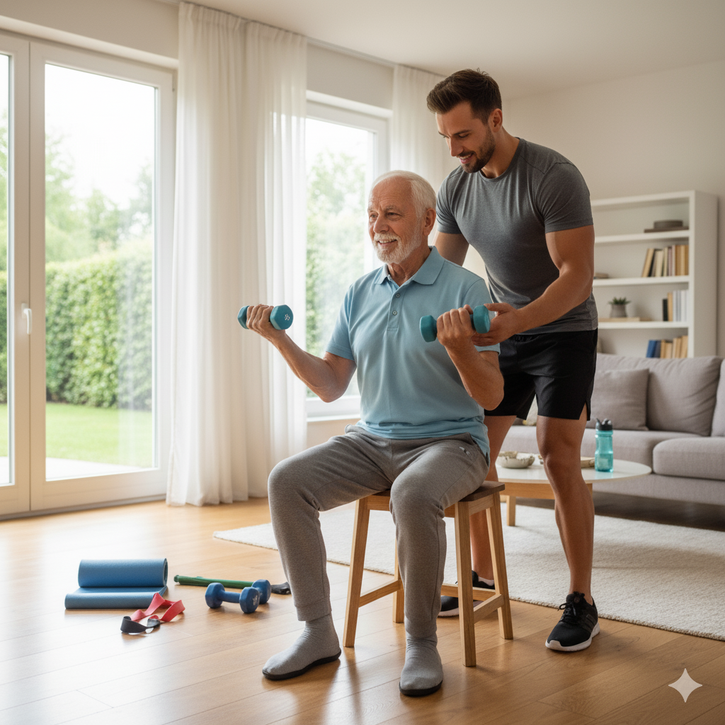 Personlig trener hjelper klient med trening hjemme i Bærum